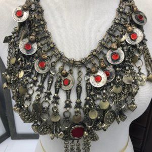 Ethnic Oversized Choker Necklace With Glass Stones and Dangling Tassels